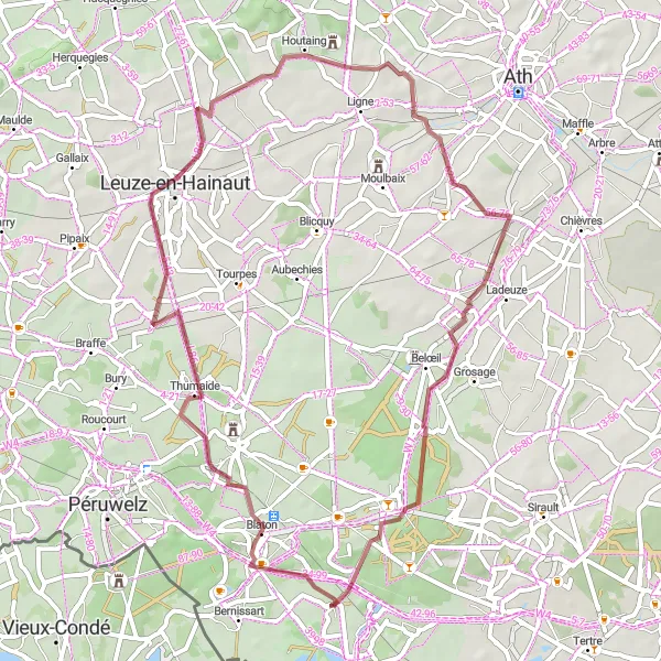 Karten-Miniaturansicht der Radinspiration "Gravel-Abenteuer durch Thumaide und Stambruges" in Prov. Hainaut, Belgium. Erstellt vom Tarmacs.app-Routenplaner für Radtouren