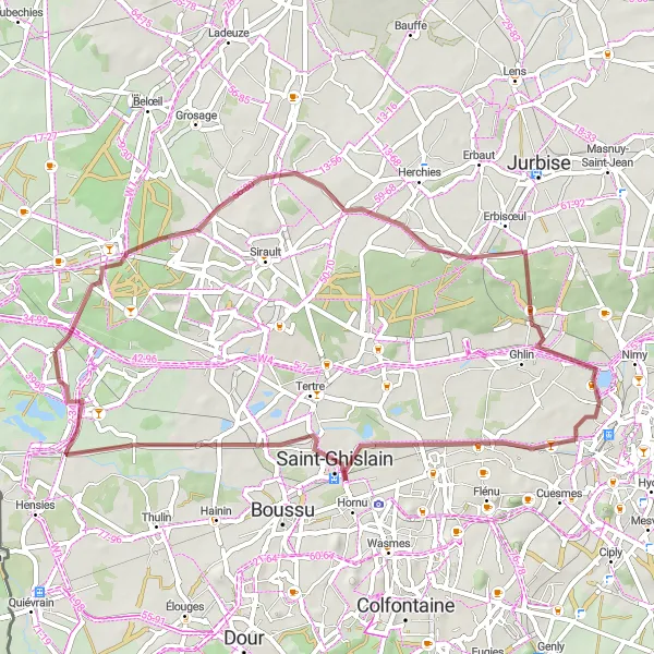 Miniature de la carte de l'inspiration cycliste "Les Chemins de Saint-Ghislain en Gravel" dans la Prov. Hainaut, Belgium. Générée par le planificateur d'itinéraire cycliste Tarmacs.app
