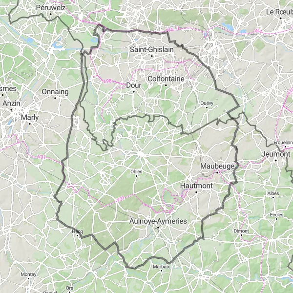Miniature de la carte de l'inspiration cycliste "Boucle Route à la Découverte de la Campagne" dans la Prov. Hainaut, Belgium. Générée par le planificateur d'itinéraire cycliste Tarmacs.app
