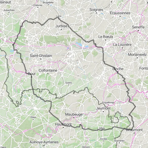Map miniature of "Undulating Hills and Historic Sights" cycling inspiration in Prov. Hainaut, Belgium. Generated by Tarmacs.app cycling route planner