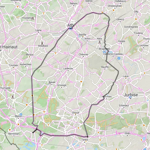 Miniature de la carte de l'inspiration cycliste "Les Vallées Athoises en Route" dans la Prov. Hainaut, Belgium. Générée par le planificateur d'itinéraire cycliste Tarmacs.app