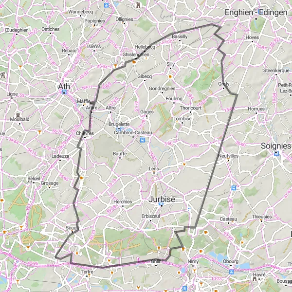 Miniature de la carte de l'inspiration cycliste "Parcours de Chièvres à Villerot" dans la Prov. Hainaut, Belgium. Générée par le planificateur d'itinéraire cycliste Tarmacs.app