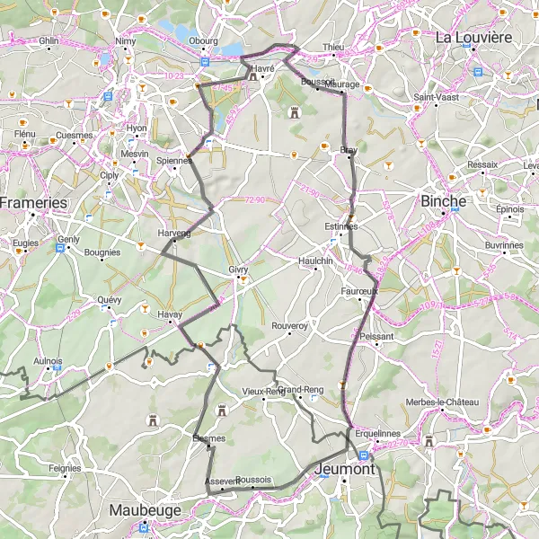 Miniatuurkaart van de fietsinspiratie "Rondrit Ville-sur-Haine - Ghislage" in Prov. Hainaut, Belgium. Gemaakt door de Tarmacs.app fietsrouteplanner