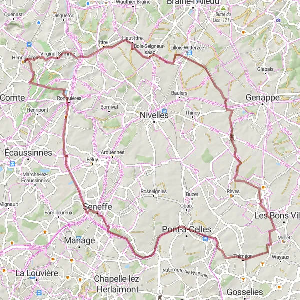 Map miniature of "Discover the Rich History of Château de Houtain-le-Val and Ronquières" cycling inspiration in Prov. Hainaut, Belgium. Generated by Tarmacs.app cycling route planner