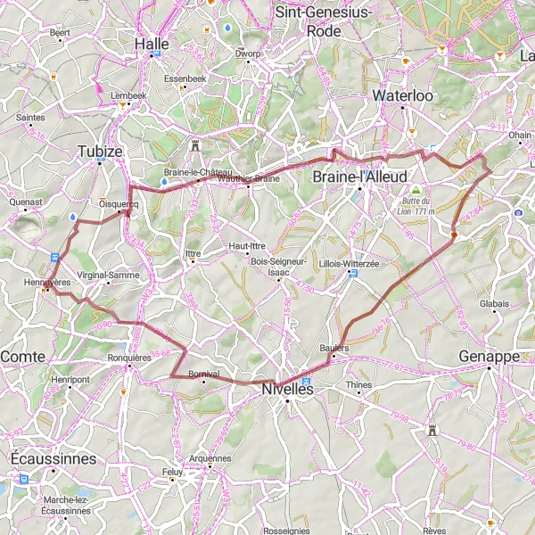 Map miniature of "Hennuyères - Braine-le-Château - Plancenoit - Baulers - Fauquez" cycling inspiration in Prov. Hainaut, Belgium. Generated by Tarmacs.app cycling route planner