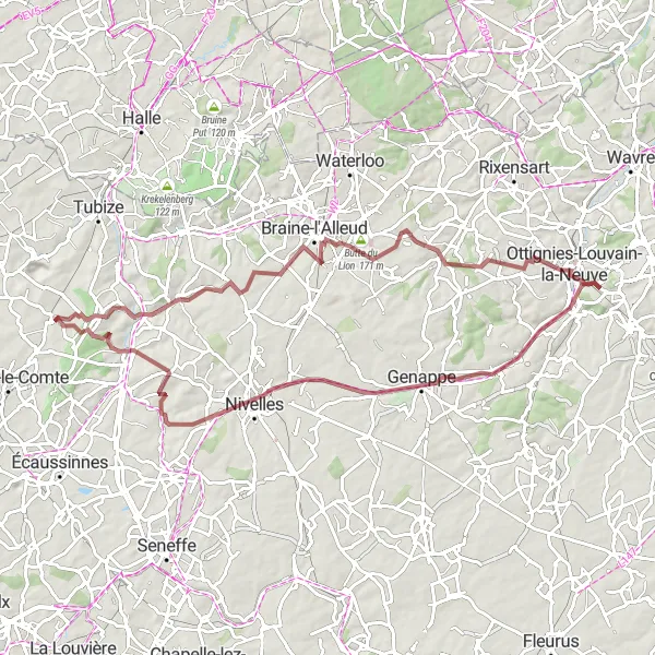 Map miniature of "A Scenic Cycling Adventure to Ophain-Bois-Seigneur-Isaac and Bousval" cycling inspiration in Prov. Hainaut, Belgium. Generated by Tarmacs.app cycling route planner