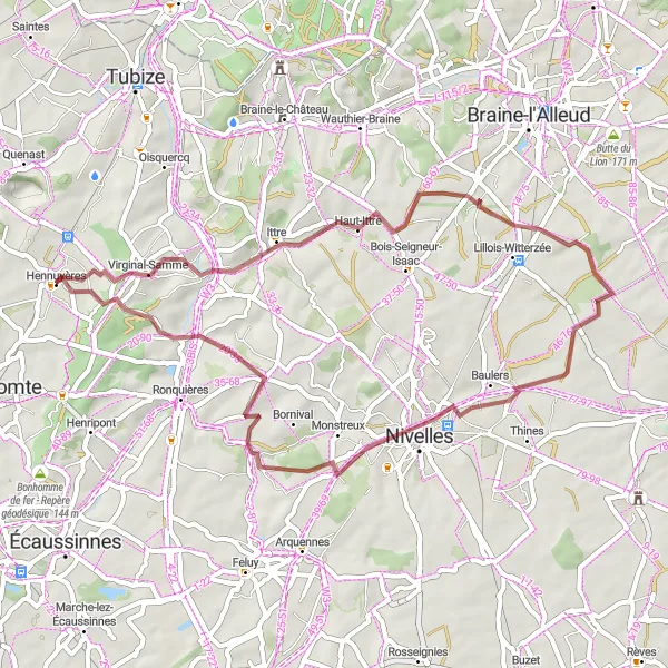 Miniature de la carte de l'inspiration cycliste "Chemin de gravel autour d'Hennuyères" dans la Prov. Hainaut, Belgium. Générée par le planificateur d'itinéraire cycliste Tarmacs.app
