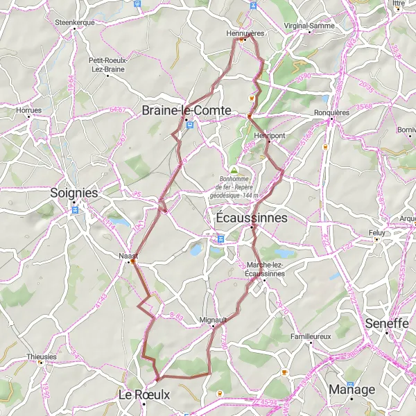 Miniatuurkaart van de fietsinspiratie "Graveltocht van Écaussinnes-d'Enghien naar Braine-le-Comte" in Prov. Hainaut, Belgium. Gemaakt door de Tarmacs.app fietsrouteplanner