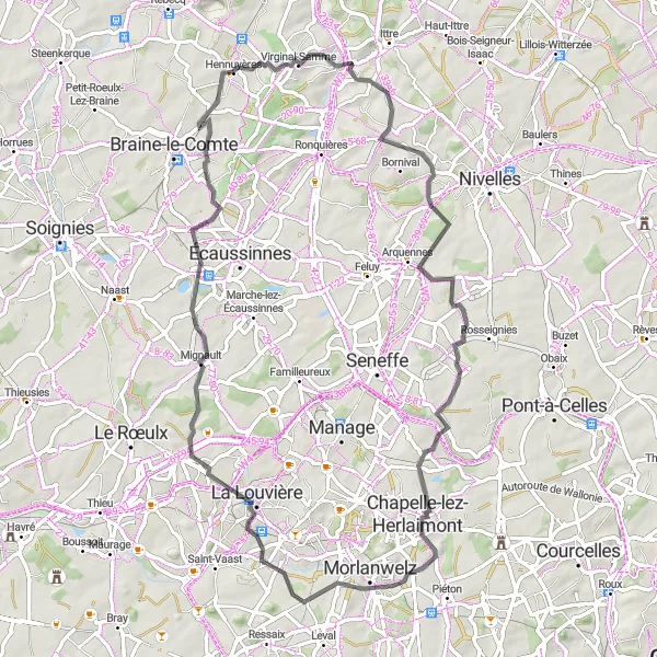 Map miniature of "Hennuyères - Monstreux - Godarville - Haine-Saint-Paul - Terril Sainte-Marie - Mignault - Bonhomme de fer - Repère géodésique" cycling inspiration in Prov. Hainaut, Belgium. Generated by Tarmacs.app cycling route planner