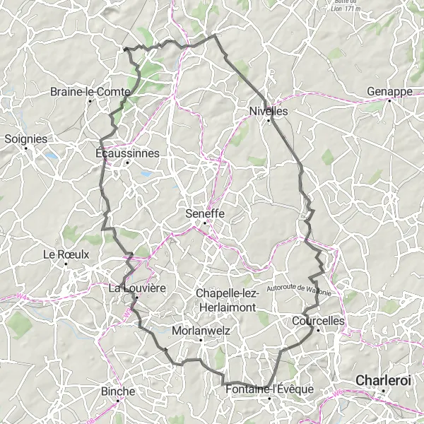 Map miniature of "Challenging Road Cycling through Pont-à-Celles and Mont-Sainte-Aldegonde" cycling inspiration in Prov. Hainaut, Belgium. Generated by Tarmacs.app cycling route planner