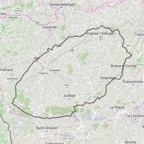 Map miniature of "Hennuyères - Braine-le-Comte - Casteau - Hautrage - Quevaucamps - Ath - Sint-Pieters-Kapelle - Petit train du bonheur" cycling inspiration in Prov. Hainaut, Belgium. Generated by Tarmacs.app cycling route planner