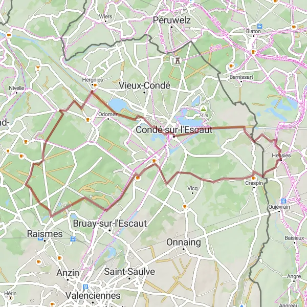 Miniature de la carte de l'inspiration cycliste "Sentiers gravel autour de Hensies" dans la Prov. Hainaut, Belgium. Générée par le planificateur d'itinéraire cycliste Tarmacs.app