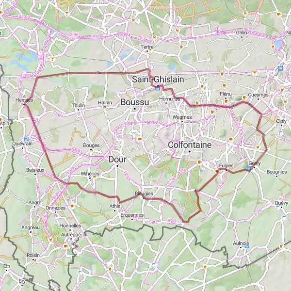 Miniature de la carte de l'inspiration cycliste "Parcours à vélo gravel près de Hensies" dans la Prov. Hainaut, Belgium. Générée par le planificateur d'itinéraire cycliste Tarmacs.app