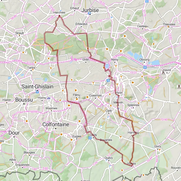 Karten-Miniaturansicht der Radinspiration "Erkundungstour von Herchies nach Quaregnon und Mons" in Prov. Hainaut, Belgium. Erstellt vom Tarmacs.app-Routenplaner für Radtouren