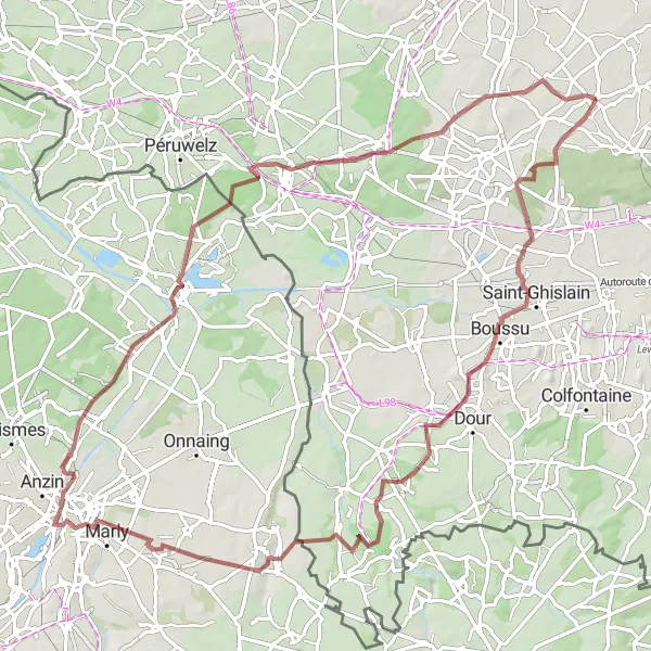 Karten-Miniaturansicht der Radinspiration "Gravel-Abenteuer durch Boussu" in Prov. Hainaut, Belgium. Erstellt vom Tarmacs.app-Routenplaner für Radtouren