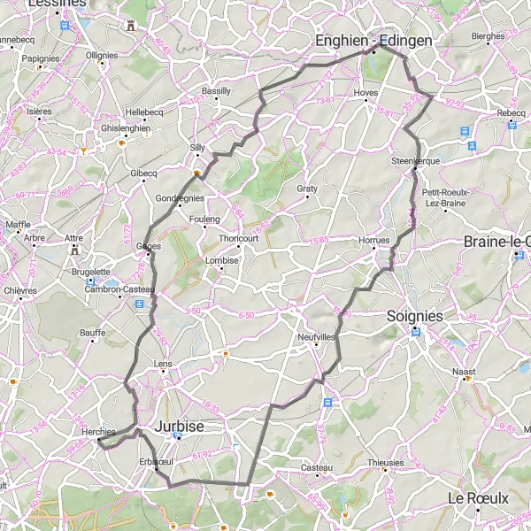 Map miniature of "Herchies-Gondregnies-Enghien-Steenkerque-Hergnies" cycling inspiration in Prov. Hainaut, Belgium. Generated by Tarmacs.app cycling route planner