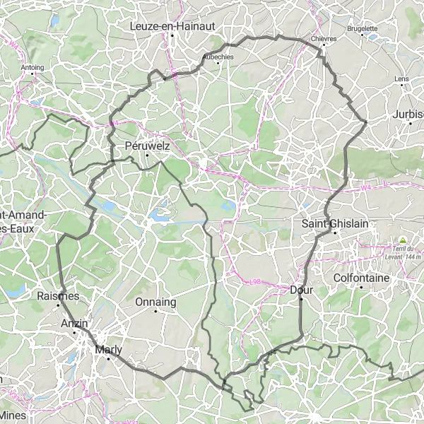 Map miniature of "Herchies-Dour-Roisin-Saultain-Hergnies-Chièvres" cycling inspiration in Prov. Hainaut, Belgium. Generated by Tarmacs.app cycling route planner