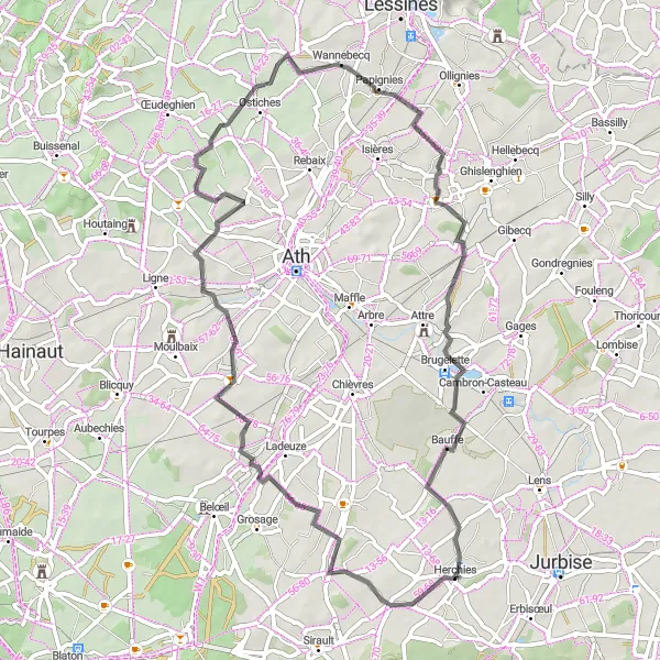 Map miniature of "Herchies-Huissignies-Villers-Saint-Amand-Wannebecq-Bauffe-Château d'Egmont" cycling inspiration in Prov. Hainaut, Belgium. Generated by Tarmacs.app cycling route planner