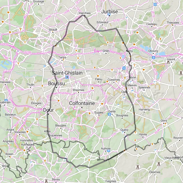 Map miniature of "Herchies-Nimy-Beffroi-Quévy-le-Grand-Taisnières-sur-Hon" cycling inspiration in Prov. Hainaut, Belgium. Generated by Tarmacs.app cycling route planner