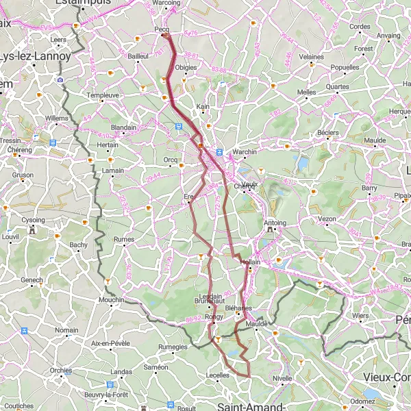 Map miniature of "Gravel Route from Hérinnes to Esquelmes" cycling inspiration in Prov. Hainaut, Belgium. Generated by Tarmacs.app cycling route planner