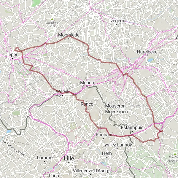 Miniatuurkaart van de fietsinspiratie "Gravelroute vanuit Hérinnes naar Warcoing" in Prov. Hainaut, Belgium. Gemaakt door de Tarmacs.app fietsrouteplanner