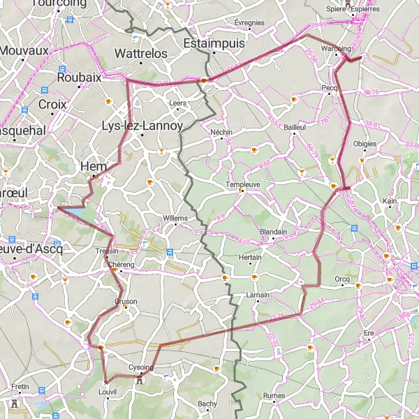 Map miniature of "Gravel Route 85303: Hérinnes Adventure" cycling inspiration in Prov. Hainaut, Belgium. Generated by Tarmacs.app cycling route planner