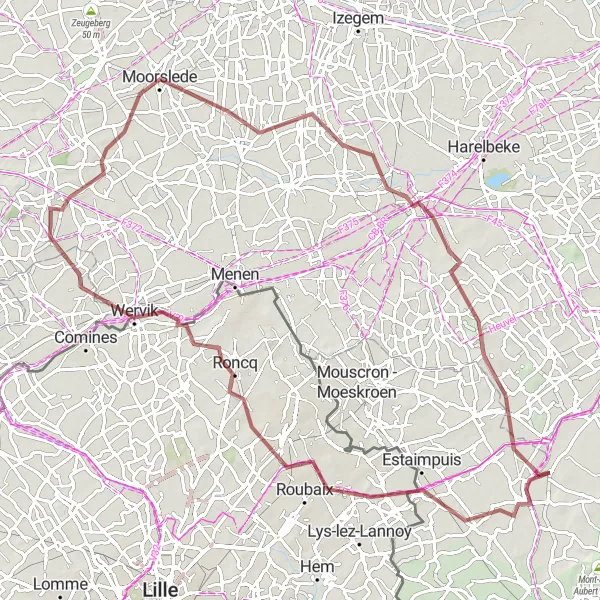 Map miniature of "Gravel Route 85310: Hérinnes Loop" cycling inspiration in Prov. Hainaut, Belgium. Generated by Tarmacs.app cycling route planner