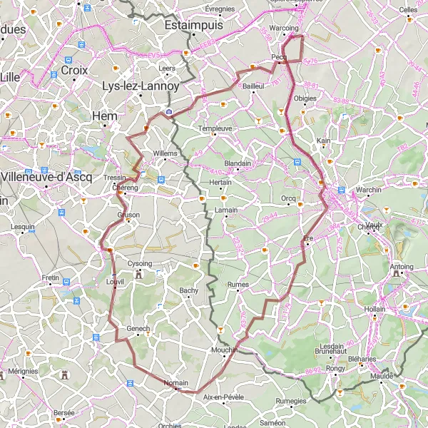 Karten-Miniaturansicht der Radinspiration "Gravel-Tour durch Tournai und Umgebung" in Prov. Hainaut, Belgium. Erstellt vom Tarmacs.app-Routenplaner für Radtouren