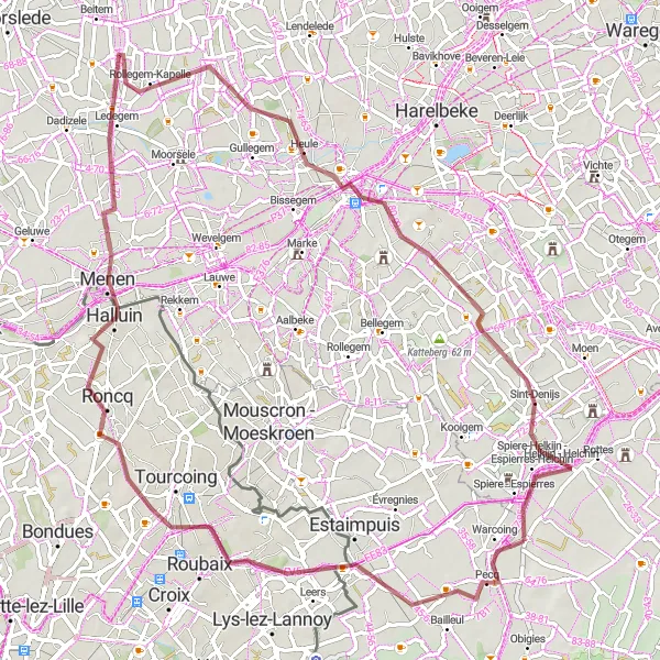 Karten-Miniaturansicht der Radinspiration "Gravelabenteuer von Hérinnes nach Roncq" in Prov. Hainaut, Belgium. Erstellt vom Tarmacs.app-Routenplaner für Radtouren