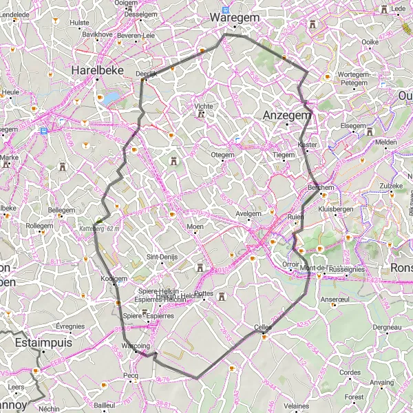 Map miniature of "Hérinnes Loop via Geitenberg, Zwevegem, Waregem and Kluisberg - Mont de l'Enclus" cycling inspiration in Prov. Hainaut, Belgium. Generated by Tarmacs.app cycling route planner