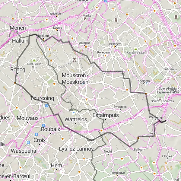 Map miniature of "Road Cycling Tourcoing & Roncq" cycling inspiration in Prov. Hainaut, Belgium. Generated by Tarmacs.app cycling route planner
