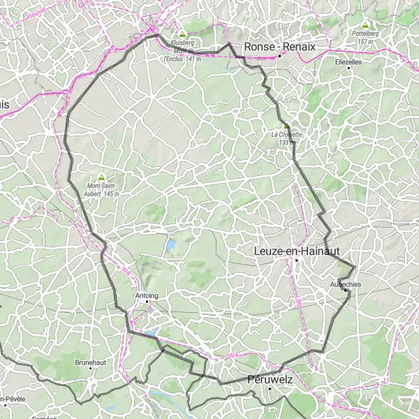 Map miniature of "The Challenging Road to Tournai" cycling inspiration in Prov. Hainaut, Belgium. Generated by Tarmacs.app cycling route planner