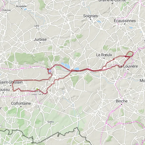 Miniatuurkaart van de fietsinspiratie "Gravelroute rond Hornu en Canal du Centre" in Prov. Hainaut, Belgium. Gemaakt door de Tarmacs.app fietsrouteplanner