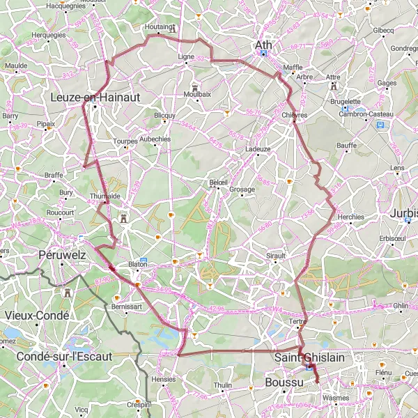 Miniatuurkaart van de fietsinspiratie "Gravelroute vanuit Hornu naar Saint-Ghislain en Chièvres" in Prov. Hainaut, Belgium. Gemaakt door de Tarmacs.app fietsrouteplanner