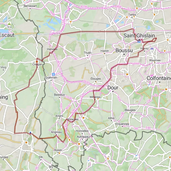 Miniatuurkaart van de fietsinspiratie "Gravelroute vanuit Hornu naar Terril du Sept en Wasmuel" in Prov. Hainaut, Belgium. Gemaakt door de Tarmacs.app fietsrouteplanner
