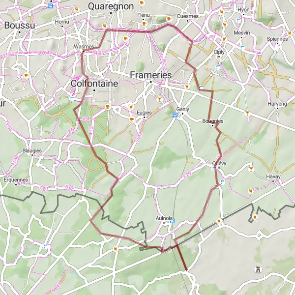 Miniatuurkaart van de fietsinspiratie "Gravelroute vanuit Hornu naar Wasmes en Colfontaine" in Prov. Hainaut, Belgium. Gemaakt door de Tarmacs.app fietsrouteplanner