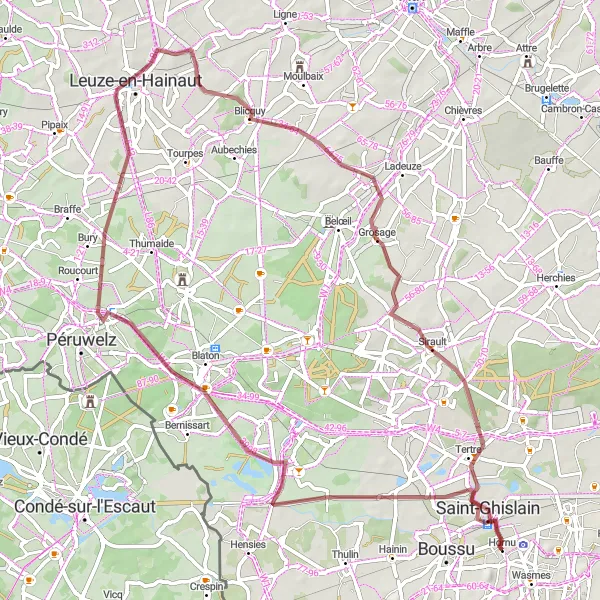 Map miniature of "Gravel Roads of Hainaut" cycling inspiration in Prov. Hainaut, Belgium. Generated by Tarmacs.app cycling route planner