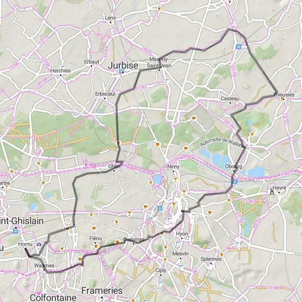 Miniatuurkaart van de fietsinspiratie "Korte route door pittoreske dorpen" in Prov. Hainaut, Belgium. Gemaakt door de Tarmacs.app fietsrouteplanner