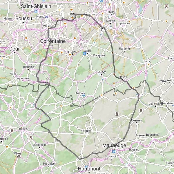 Map miniature of "Road Cycling Route: Hornu Loop" cycling inspiration in Prov. Hainaut, Belgium. Generated by Tarmacs.app cycling route planner