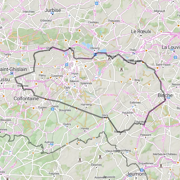 Miniatuurkaart van de fietsinspiratie "Wegroute naar Faurœulx en Boussoit" in Prov. Hainaut, Belgium. Gemaakt door de Tarmacs.app fietsrouteplanner