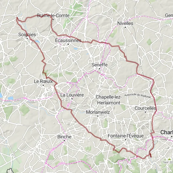 Map miniature of "Horrues - Braine-le-Comte - Petit-Rœulx-lez-Nivelles - Roux - Le petit terril - Montigny-le-Tilleul - Haine-Saint-Paul - Soignies Gravel Route" cycling inspiration in Prov. Hainaut, Belgium. Generated by Tarmacs.app cycling route planner