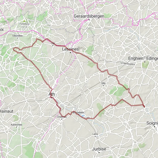 Miniatuurkaart van de fietsinspiratie "Gravelroute rond Brugelette en Ath" in Prov. Hainaut, Belgium. Gemaakt door de Tarmacs.app fietsrouteplanner