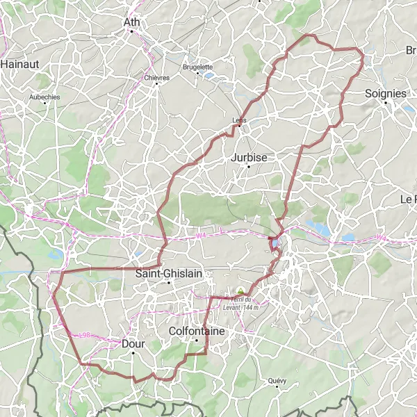 Map miniature of "Horrues - Masnuy-Saint-Pierre - Beffroi - Pâturages - Blaugies - Audregnies - Lombise Gravel Route" cycling inspiration in Prov. Hainaut, Belgium. Generated by Tarmacs.app cycling route planner