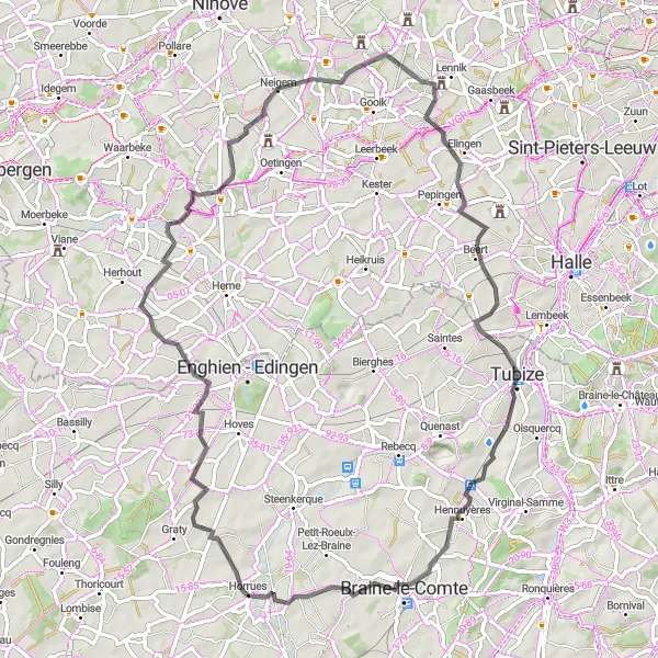 Miniatuurkaart van de fietsinspiratie "Rondje Horrues - Hennuyères" in Prov. Hainaut, Belgium. Gemaakt door de Tarmacs.app fietsrouteplanner