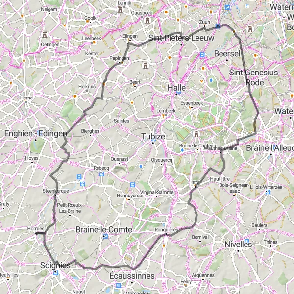 Map miniature of "Horrues - Steenkerque - Bogaarden - Drogenbos - Brussels skyline view - Ittre - Ronquières - Bonhomme de fer - Repère géodésique - Soignies Road Route" cycling inspiration in Prov. Hainaut, Belgium. Generated by Tarmacs.app cycling route planner