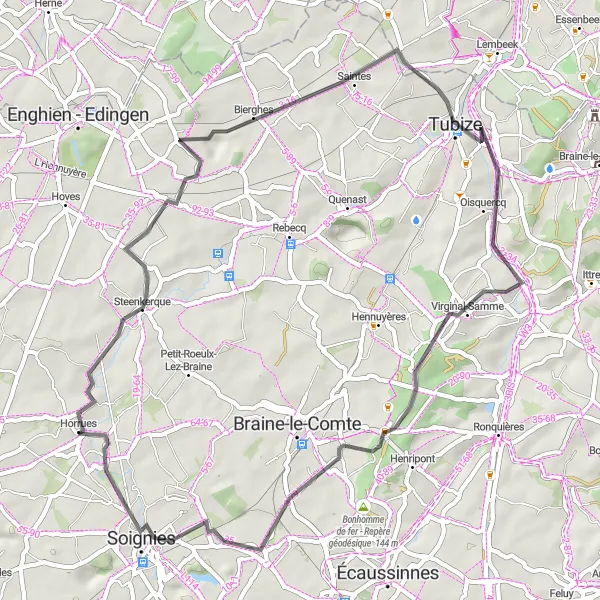 Miniatuurkaart van de fietsinspiratie "Rondrit via Steenkerque en Soignies" in Prov. Hainaut, Belgium. Gemaakt door de Tarmacs.app fietsrouteplanner