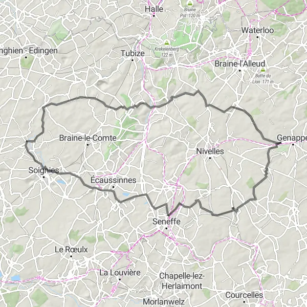 Map miniature of "Road Route to Bois-Seigneur-Isaac" cycling inspiration in Prov. Hainaut, Belgium. Generated by Tarmacs.app cycling route planner