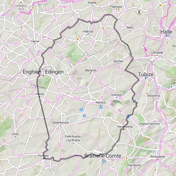 Miniature de la carte de l'inspiration cycliste "Parcours panoramique à travers Hoves et Bellingen" dans la Prov. Hainaut, Belgium. Générée par le planificateur d'itinéraire cycliste Tarmacs.app