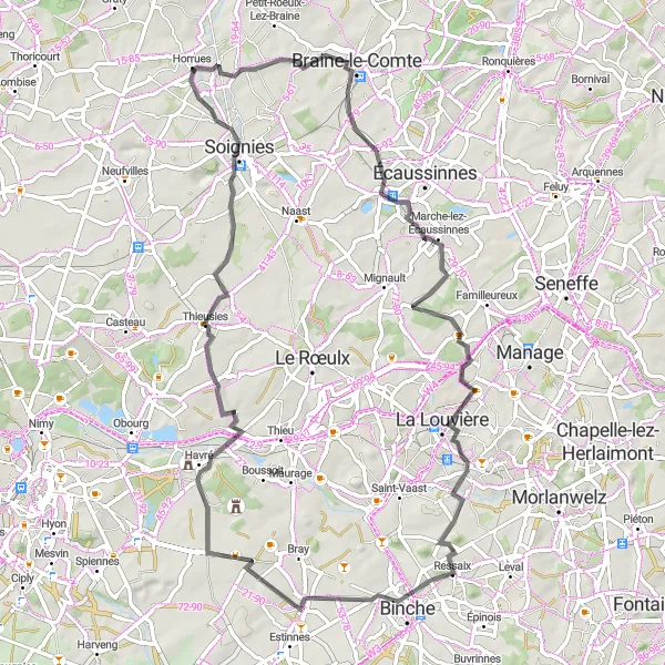 Map miniature of "Horrues - Braine-le-Comte - Besonrieux - Terril Saint-Albert - Ressaix - Terril d'Havré - Ville-sur-Haine - Thieusies - Soignies Road Route" cycling inspiration in Prov. Hainaut, Belgium. Generated by Tarmacs.app cycling route planner