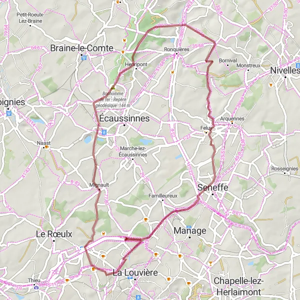 Miniatuurkaart van de fietsinspiratie "Gravelroute rond Houdeng-Aimeries" in Prov. Hainaut, Belgium. Gemaakt door de Tarmacs.app fietsrouteplanner